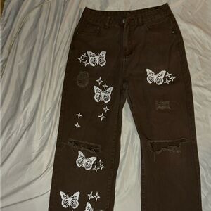 *USED* SHEIN EZwear Bleach Wash Ripped Detail Butterfly Jeans (Mocha Brown)